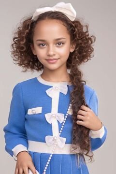 Kız Çocuk Beli Şerit ve Göğsü Fiyonk Detaylı Eteği Piliseli Mavi Şifon Elbise