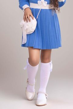 Kız Çocuk Beli Şerit ve Göğsü Fiyonk Detaylı Eteği Piliseli Mavi Şifon Elbise