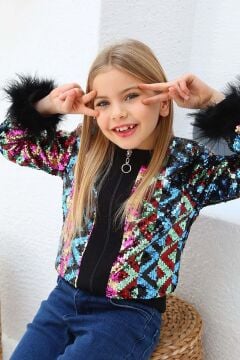 Kız Çocuk Renkli Pulpayet İşlemeli Kol Uçları Tüylü Siyah Ceket