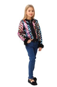 Kız Çocuk Renkli Pulpayet İşlemeli Kol Uçları Tüylü Siyah Ceket