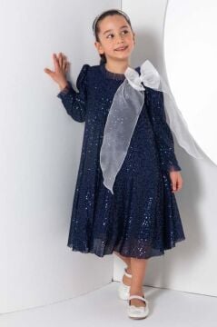Kız Çocuk Yakası Tüllü Boydan Pulpayet İşlemeli Omuzu Fiyonk Detaylı Lacivert Elbise