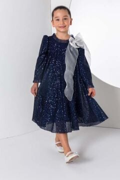 Kız Çocuk Yakası Tüllü Boydan Pulpayet İşlemeli Omuzu Fiyonk Detaylı Lacivert Elbise