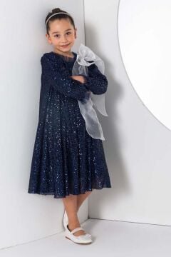 Kız Çocuk Yakası Tüllü Boydan Pulpayet İşlemeli Omuzu Fiyonk Detaylı Lacivert Elbise