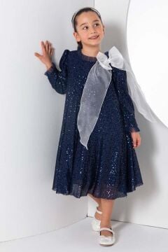 Kız Çocuk Yakası Tüllü Boydan Pulpayet İşlemeli Omuzu Fiyonk Detaylı Lacivert Elbise