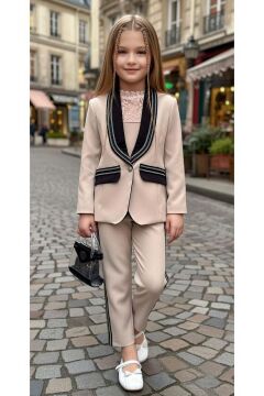 Kız Çocuk Yakası Taştan Şerit İşlemeli Ceket ve Yakası Dantel İşlemeli Bluz Bej Alt Üst Takım
