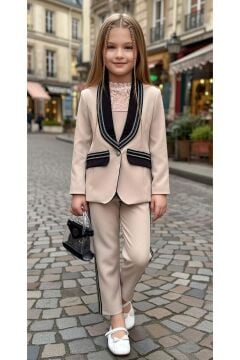 Kız Çocuk Yakası Taştan Şerit İşlemeli Ceket ve Yakası Dantel İşlemeli Bluz Bej Alt Üst Takım