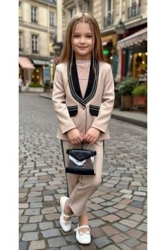 Kız Çocuk Yakası Taştan Şerit İşlemeli Ceket ve Yakası Dantel İşlemeli Bluz Bej Alt Üst Takım