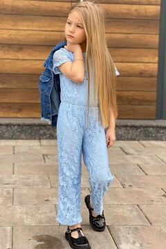 Kız Çocuk Boydan Üzeri Dantel İşlemeli Şeffaf Tül İçi Astarlı Mavi Tulum