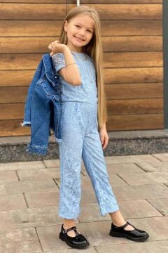 Kız Çocuk Boydan Üzeri Dantel İşlemeli Şeffaf Tül İçi Astarlı Mavi Tulum