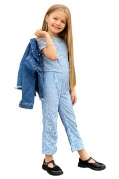 Kız Çocuk Boydan Üzeri Dantel İşlemeli Şeffaf Tül İçi Astarlı Mavi Tulum