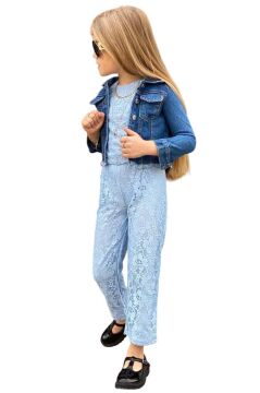 Kız Çocuk Boydan Üzeri Dantel İşlemeli Şeffaf Tül İçi Astarlı Mavi Tulum