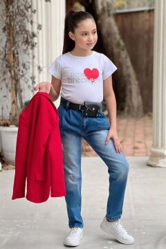 Kız Çocuk Kalp ve Little Baskılı Tişört ve Jean Kırmızı Blazer Ceket Alt Üst Takım