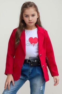 Kız Çocuk Kalp ve Little Baskılı Tişört ve Jean Kırmızı Blazer Ceket Alt Üst Takım