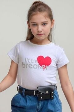 Kız Çocuk Kalp ve Little Baskılı Tişört ve Jean Kırmızı Blazer Ceket Alt Üst Takım