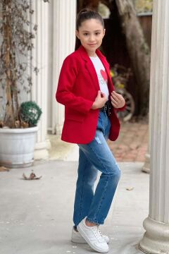 Kız Çocuk Kalp ve Little Baskılı Tişört ve Jean Kırmızı Blazer Ceket Alt Üst Takım