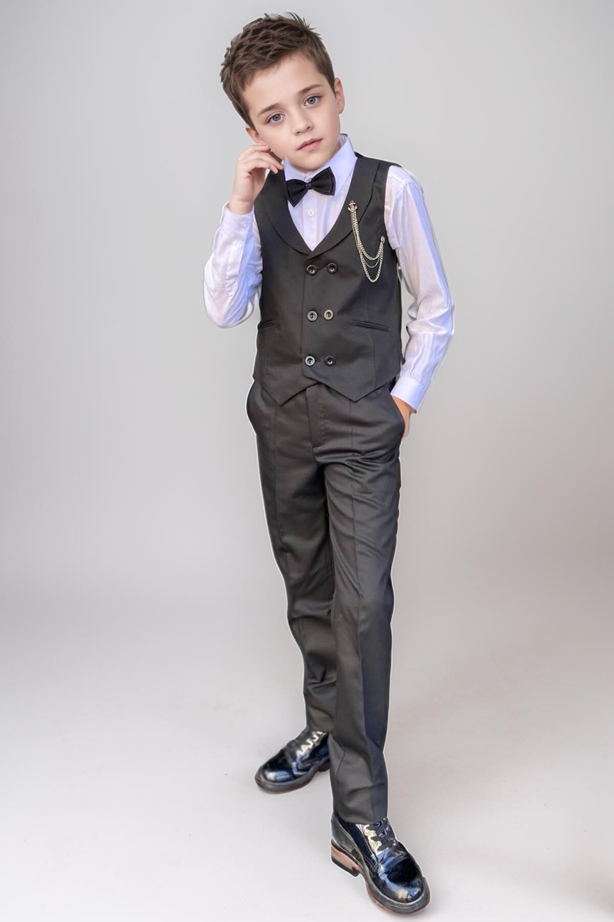 Erkek Çocuk Cepken Yelekli Şal Yaka Siyah Takım Elbise 5-9 Yaş