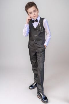 Erkek Çocuk Cepken Yelekli Şal Yaka Siyah Takım Elbise 5-9 Yaş