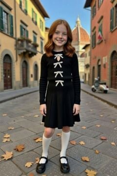 Kız Çocuk Bisiklet Yaka Önden Kurdela Detaylı Kazak Pliseli Triko Siyah Etekli Takım