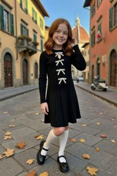 Kız Çocuk Bisiklet Yaka Önden Kurdela Detaylı Kazak Pliseli Triko Siyah Etekli Takım