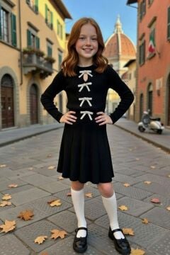 Kız Çocuk Bisiklet Yaka Önden Kurdela Detaylı Kazak Pliseli Triko Siyah Etekli Takım