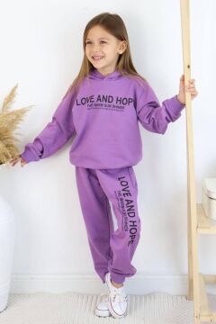 Kız Çocuk Love And Hope Basklı Penye Sweatshirt Mor Eşofman Takım