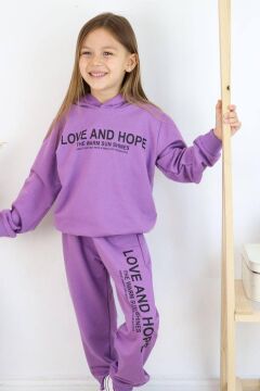 Kız Çocuk Love And Hope Basklı Penye Sweatshirt Mor Eşofman Takım