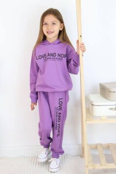 Kız Çocuk Love And Hope Basklı Penye Sweatshirt Mor Eşofman Takım