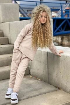 Kız Çocuk Yakası Çıkarılabilir Kürklü Kazak Çift Cepli Triko Ekru Alt Üst Takım