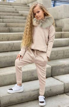 Kız Çocuk Yakası Çıkarılabilir Kürklü Kazak Çift Cepli Triko Ekru Alt Üst Takım