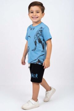 Erkek Çocuk Üzeri Kara Kalem Dinazor Çizimli Dinosaur Baskılı Şortlu Takım