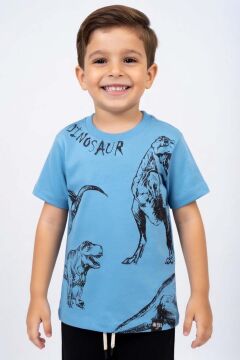 Erkek Çocuk Üzeri Kara Kalem Dinazor Çizimli Dinosaur Baskılı Şortlu Takım