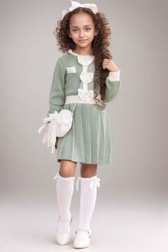 Kız Çocuk Beli Şerit ve Göğsü Fiyonk Detaylı Eteği Piliseli Yeşil Şifon Elbise