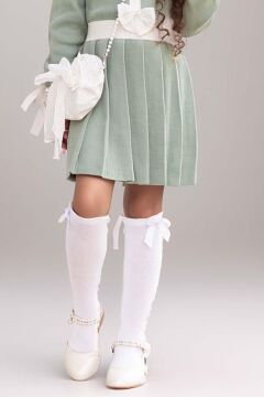 Kız Çocuk Beli Şerit ve Göğsü Fiyonk Detaylı Eteği Piliseli Yeşil Şifon Elbise