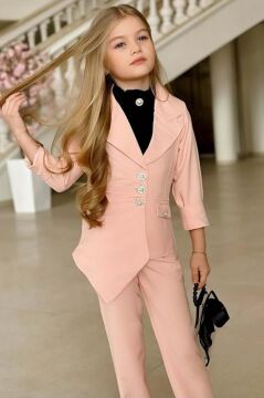 Kız Çocuk Palyaço Yaka Kolsuz Bluz Taş Düğme Detaylı Blazer Ceket Pudra Alt Üst Takım