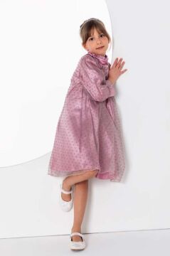 Kız Çocuk Üzeri Benekli ve Pullu İçi Astarlı Yakası Fırfırlı Gül Kurusu Elbise