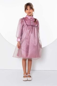 Kız Çocuk Üzeri Benekli ve Pullu İçi Astarlı Yakası Fırfırlı Gül Kurusu Elbise