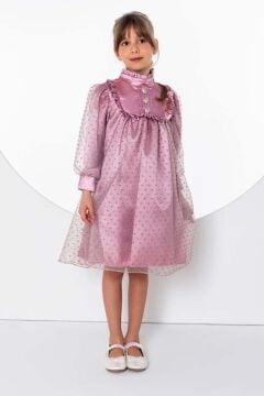 Kız Çocuk Üzeri Benekli ve Pullu İçi Astarlı Yakası Fırfırlı Gül Kurusu Elbise