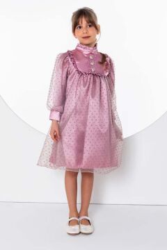 Kız Çocuk Üzeri Benekli ve Pullu İçi Astarlı Yakası Fırfırlı Gül Kurusu Elbise