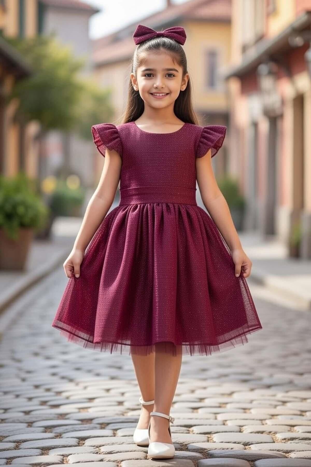 Kız Çocuk Parıldayan Magenta Mor Elbise