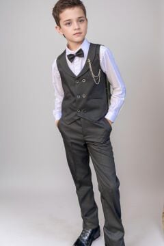 Erkek Çocuk Cepken Yelekli Şal Yaka Siyah Takım Elbise 10-16 Yaş