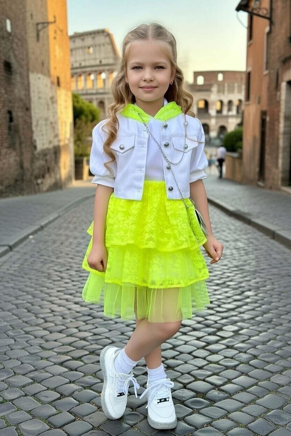 Kız Çocuk Kapüşonu Dantel Detaylı T-Shirt Kot Ceketli Dantelli Neon Sarı Etekli Takım