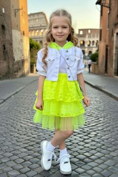 Kız Çocuk Kapüşonu Dantel Detaylı T-Shirt Kot Ceketli Dantelli Neon Sarı Etekli Takım