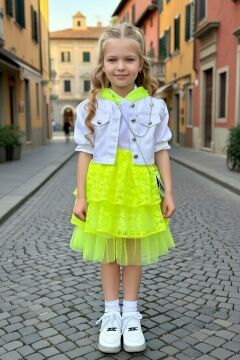 Kız Çocuk Kapüşonu Dantel Detaylı T-Shirt Kot Ceketli Dantelli Neon Sarı Etekli Takım