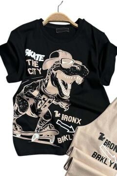 Erkek Çocuk Üzeri Yazı ve Kaykay Dino Baskılı Bileği Manşetli Bej Pijama Takımı