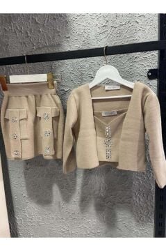 Kız Çocuk Askılı Bluz Hırka ve Elmas Taş İşlemeli Cepli Bej Triko Etekli Takım