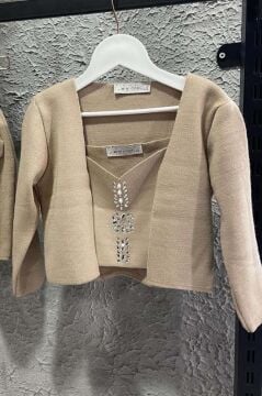 Kız Çocuk Askılı Bluz Hırka ve Elmas Taş İşlemeli Cepli Bej Triko Etekli Takım