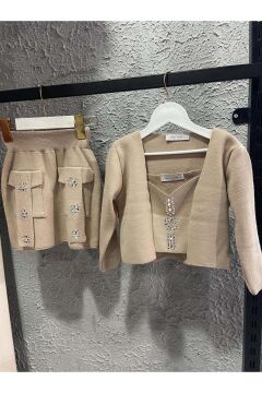 Kız Çocuk Askılı Bluz Hırka ve Elmas Taş İşlemeli Cepli Bej Triko Etekli Takım