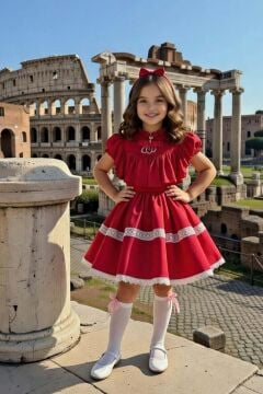 Kız Çocuk Göğsü ve Omuzları Fırfırlı Eteği Piliseli Dantel Şerit Detaylı Kolsuz Kırmızı Elbise