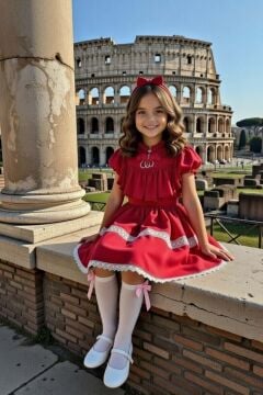 Kız Çocuk Göğsü ve Omuzları Fırfırlı Eteği Piliseli Dantel Şerit Detaylı Kolsuz Kırmızı Elbise