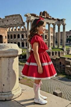 Kız Çocuk Göğsü ve Omuzları Fırfırlı Eteği Piliseli Dantel Şerit Detaylı Kolsuz Kırmızı Elbise